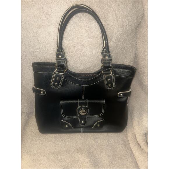 Stunning WILSONS Black/Silver Pebble Leather Handbag Satchel w/Contrast Stitch - Picture 1 of 9